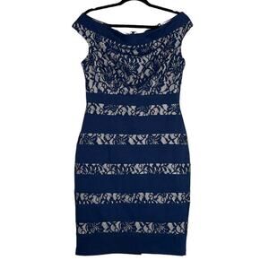 Jax Navy Blue Lace Striped Off The Shoulder Boat Neck Dress Size 10